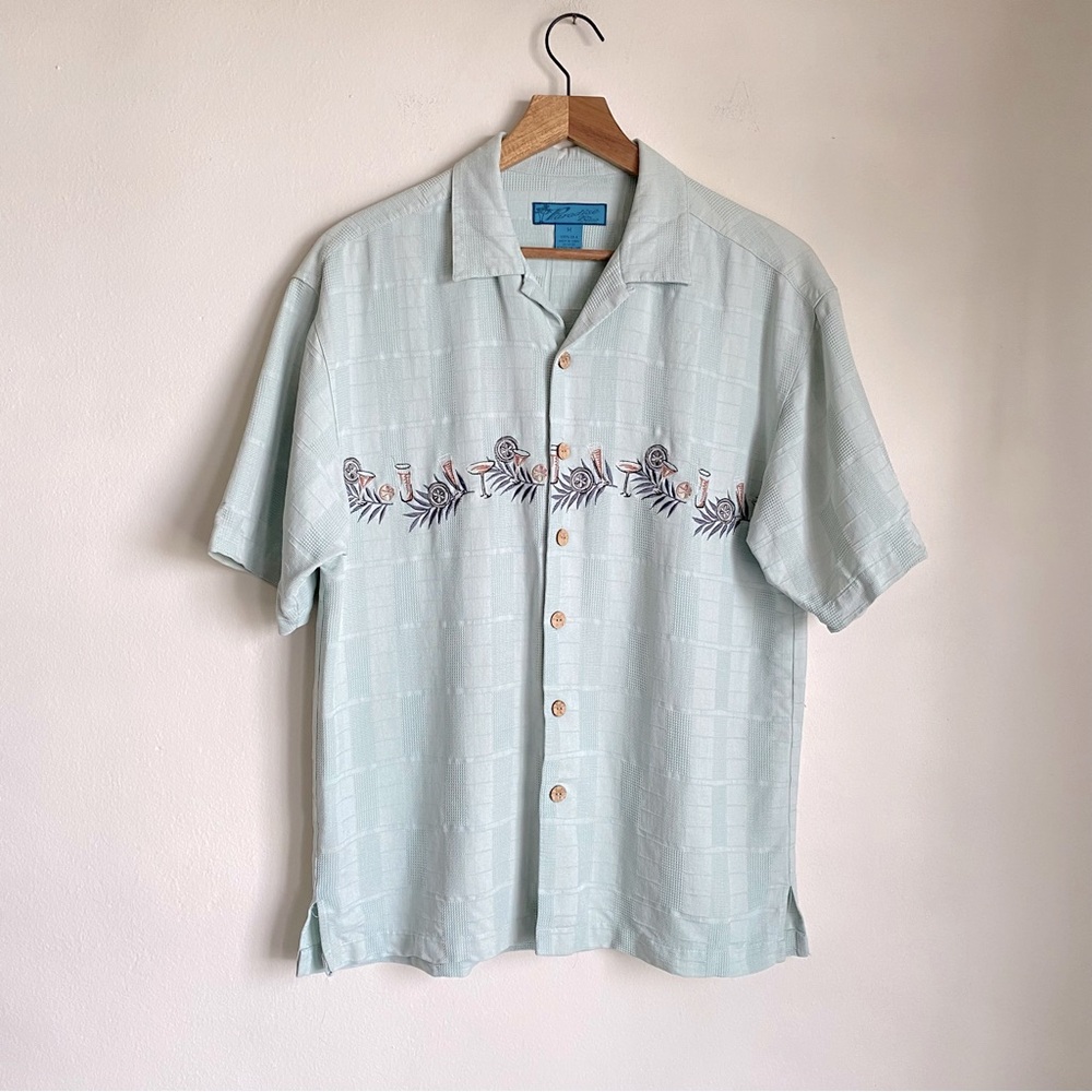 Embroidered blue button down tiki aloha shirt